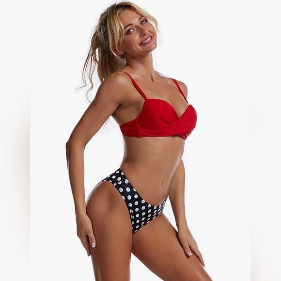 🔸️NIB Red & Black w/White Polka Dot Retro Style Bikini Bathing Suit Small - Picture 3 of 12